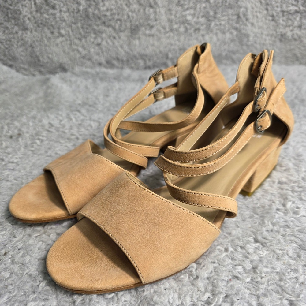 Eileen Fisher Kyra Strappy Block Heel Sandals Tan Leather‎ Women 9.5 Excellent